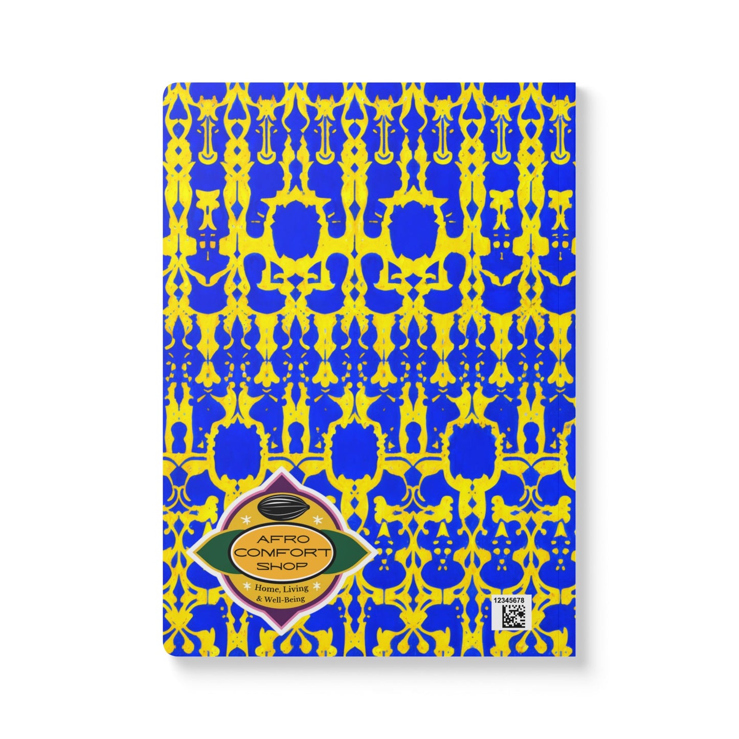 A creative journal with a bold, symmetrical blue and yellow pattern resembling abstract shapes. The bottom left features the Afro Comfort Shop geometric logo with “Home, Living & Well-Being.” Perfect for daily journaling, with a small QR code at the bottom right.