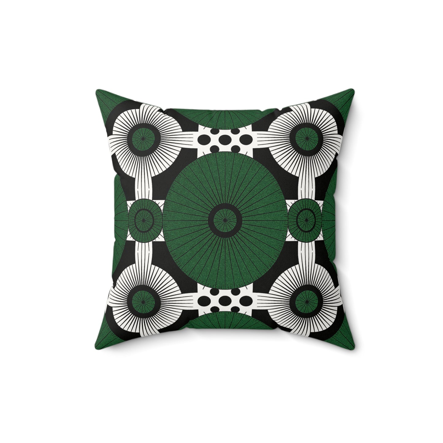 A square faux suede pillow with a bold, symmetrical geometric pattern in dark green, black, and white. The design features a large central green circle and dotted areas, creating a modern and dynamic green and black throw pillow.