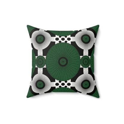 A square faux suede pillow with a bold, symmetrical geometric pattern in dark green, black, and white. The design features a large central green circle and dotted areas, creating a modern and dynamic green and black throw pillow.
