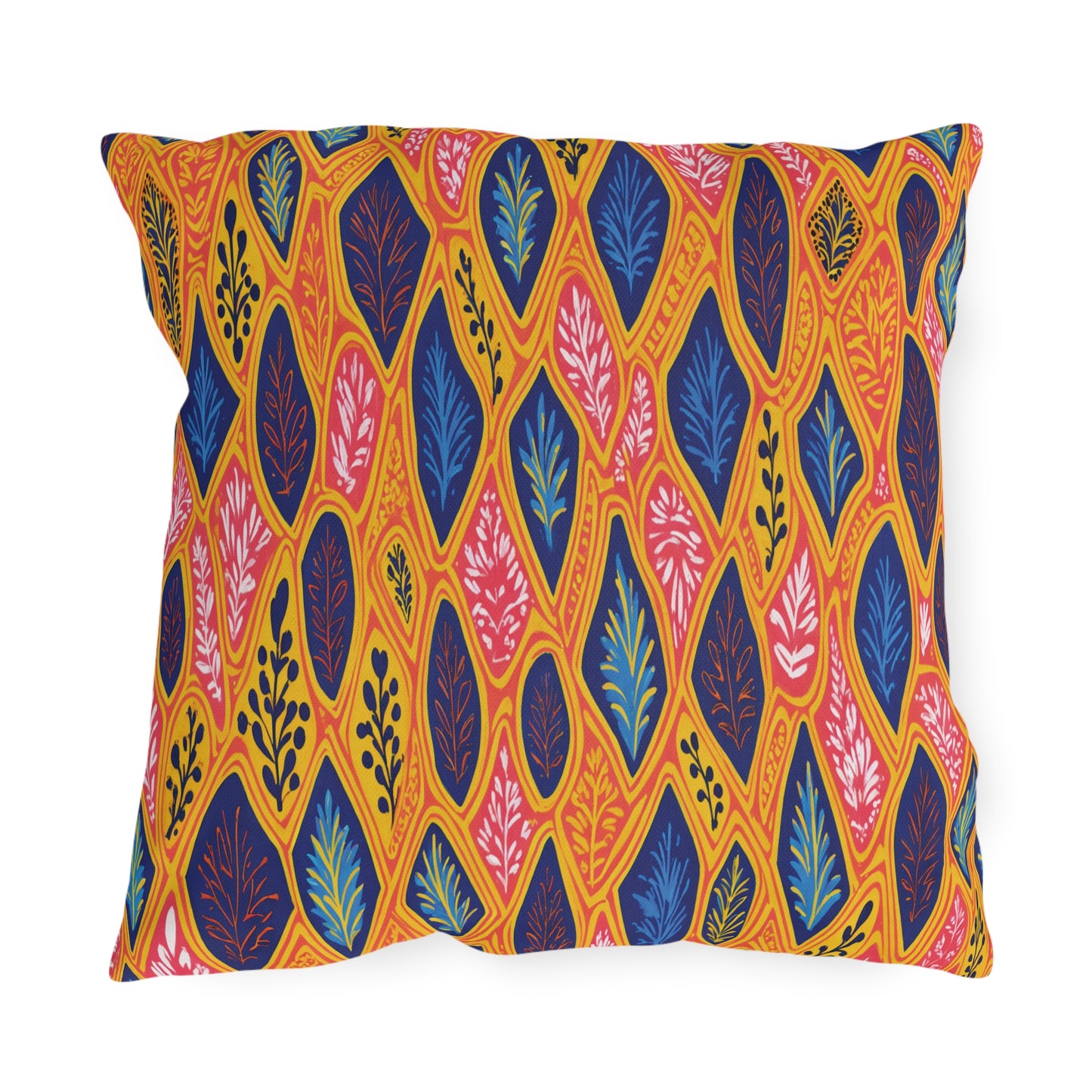 A square outdoor pillow with a colorful leaf pattern. The orange-yellow background and overlapping leaves in navy, pink, red, and orange are printed on UV-resistant fabric, making this design bold, vibrant, and ideal for weatherproof materials.