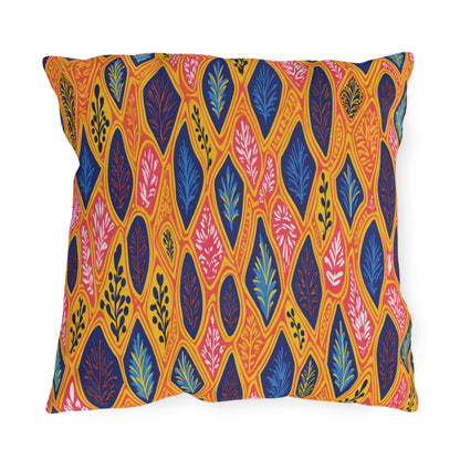 A square outdoor pillow with a colorful leaf pattern. The orange-yellow background and overlapping leaves in navy, pink, red, and orange are printed on UV-resistant fabric, making this design bold, vibrant, and ideal for weatherproof materials.