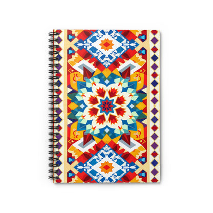 A spiral-bound notebook with a vibrant, African-inspired geometric pattern on the cover. Featuring a central starburst in blue, red, yellow, and white, its bold angular shapes evoke culturally inspired designs for a premium writing experience.