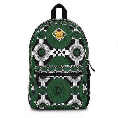 This African-inspired backpack boasts vibrant designs with green, black, and white circular and triangular patterns. Concentric circles, intersecting lines, and black dots stand out on this boho chic rucksack, complete with a mesh side pocket and a black top handle.