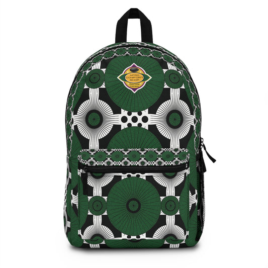 This African-inspired backpack boasts vibrant designs with green, black, and white circular and triangular patterns. Concentric circles, intersecting lines, and black dots stand out on this boho chic rucksack, complete with a mesh side pocket and a black top handle.