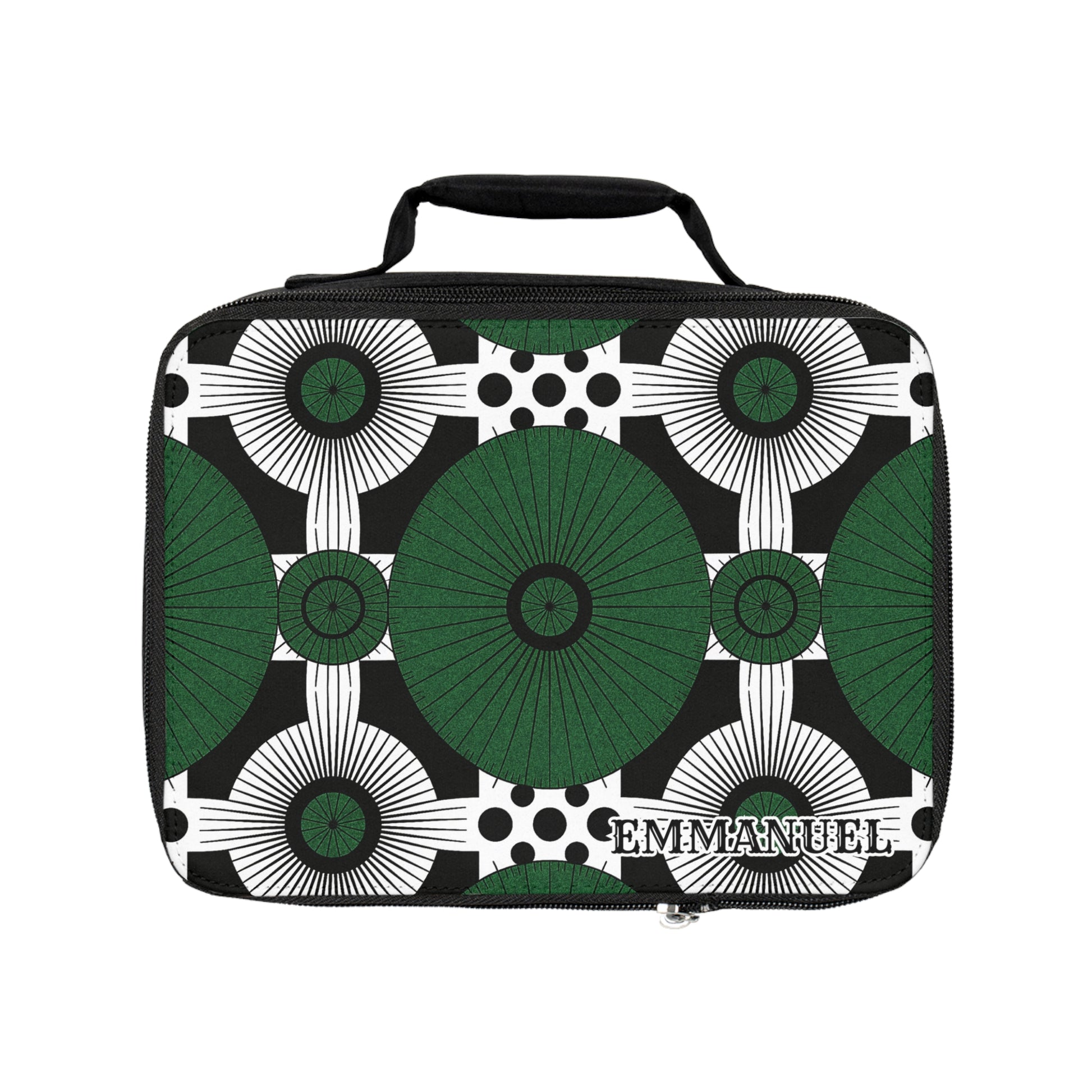 A rectangular insulated lunch tote with a handle, featuring a geometric pattern of large green circles, black and white radiating lines, and polka dots. The name EMMANUEL is printed in bold white letters on the lower right corner.