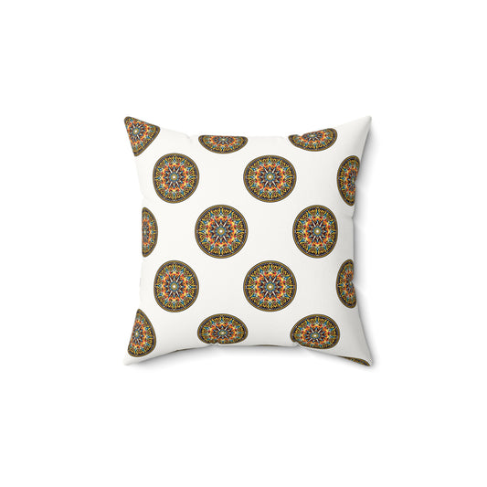 A faux suede square pillow featuring a repeating pattern of colorful, intricate circular mandala designs in shades of blue, red, yellow, and green. This African accent pillow has a plain white background and evenly spaced symmetrical shapes.