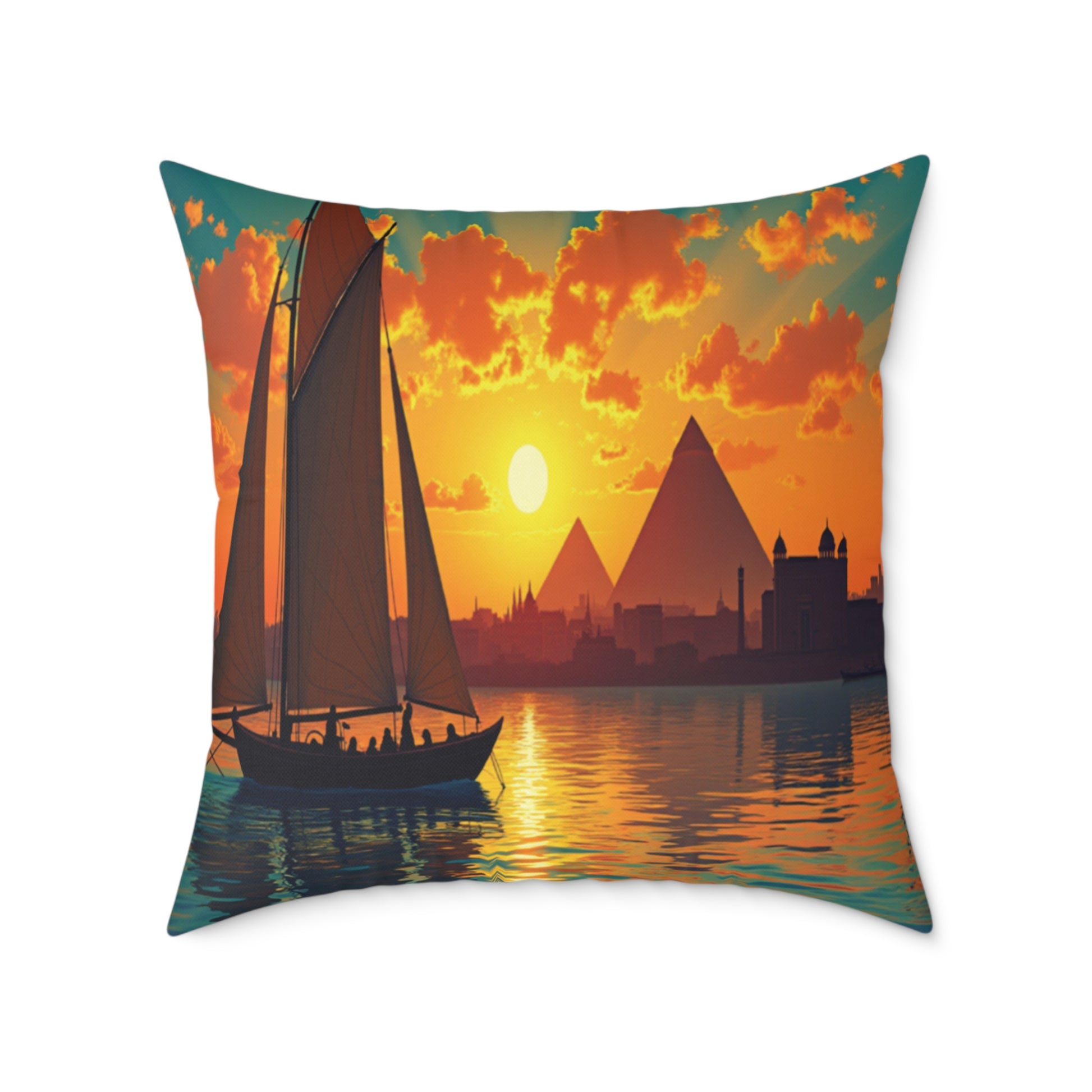 A vibrant home decor piece, this African-inspired pillow showcases a sailboat at sunset with silhouetted figures, Egyptian pyramids, and vivid orange clouds reflecting on the water—an exotic, tranquil, and colorful accent pillow for any space.