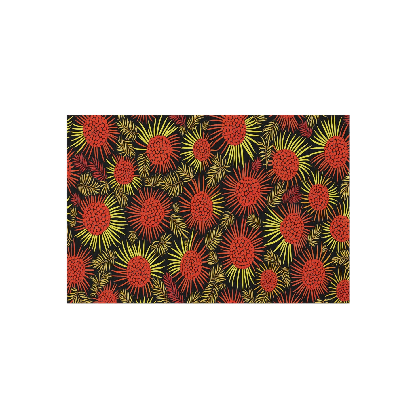 A pattern featuring dense clusters of red and yellow spiky, radiating floral shapes on a black background. The African-inspired design blends fine-lined red circles and starburst yellow flowers for a vibrant, energetic abstract look.