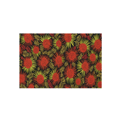 A pattern featuring dense clusters of red and yellow spiky, radiating floral shapes on a black background. The African-inspired design blends fine-lined red circles and starburst yellow flowers for a vibrant, energetic abstract look.