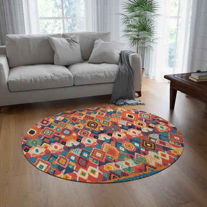 A cozy living room with a light gray sofa, gray throw blanket, and wooden coffee table features a vibrant round rug with geometric patterns in red, yellow, blue, and orange. White curtains and a green plant complete the bright space.