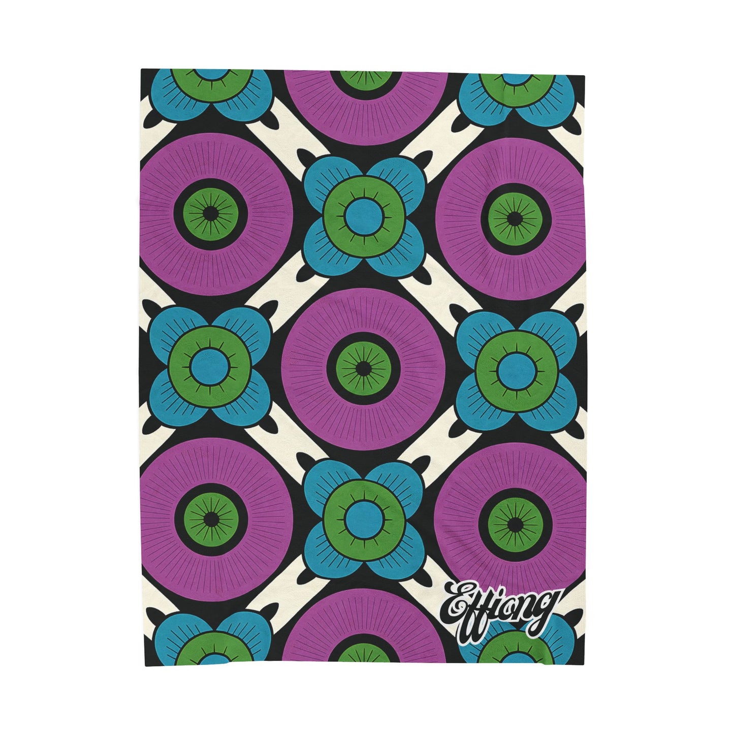A repeating retro floral pattern with large purple flowers and smaller blue flowers, outlined in black. The wavy cream and black background adds charm. Effang appears at the bottom right—an African-inspired personalized blanket perfect as a customizable gift.