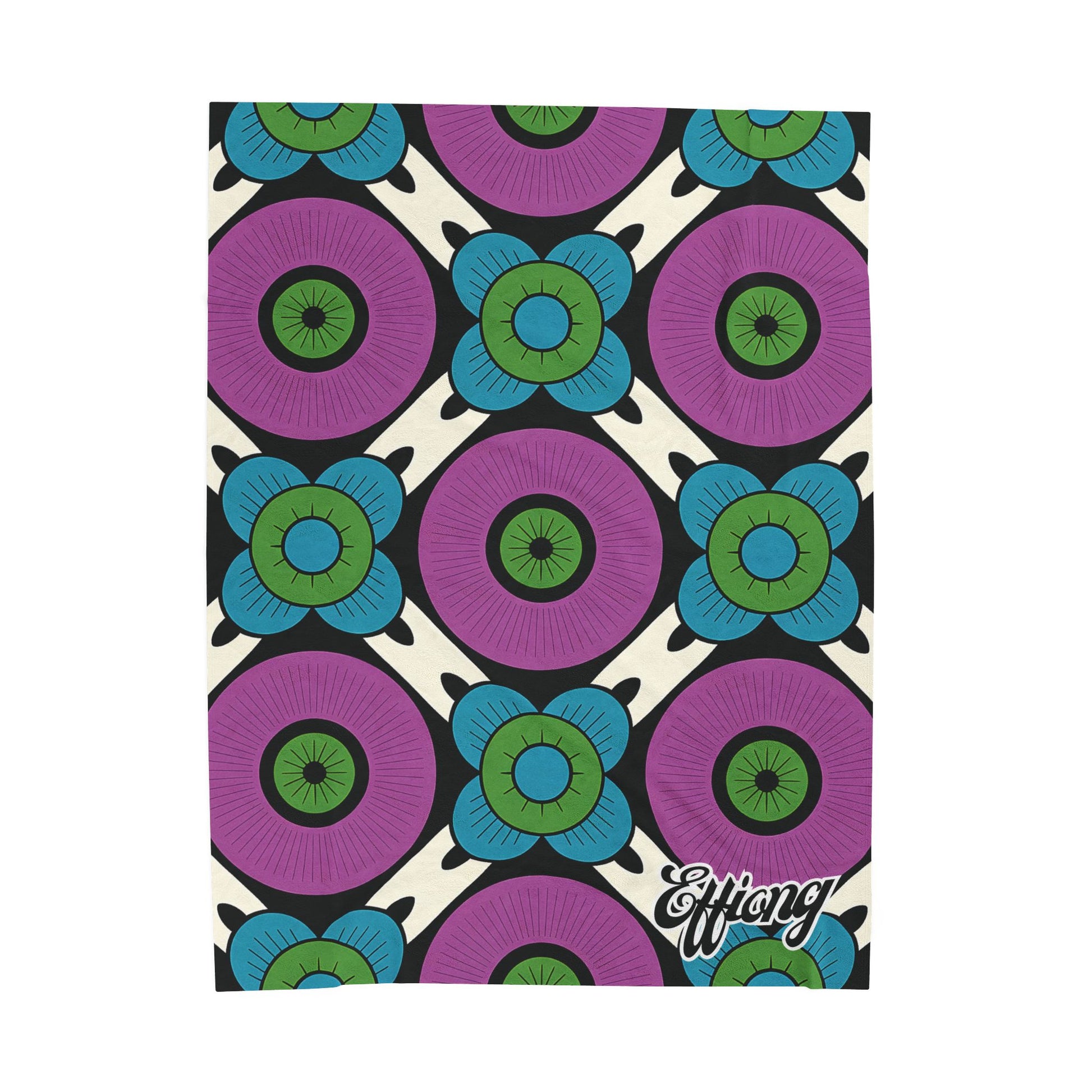 A repeating retro floral pattern with large purple flowers and smaller blue flowers, outlined in black. The wavy cream and black background adds charm. Effang appears at the bottom right—an African-inspired personalized blanket perfect as a customizable gift.