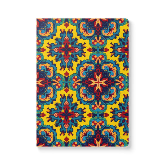 A creative journal with a bright yellow cover featuring a symmetrical, ornate pattern in red, blue, green, and orange. The intricate design draws from African-inspired journal motifs, with repeating floral and geometric shapes for a vibrant look.