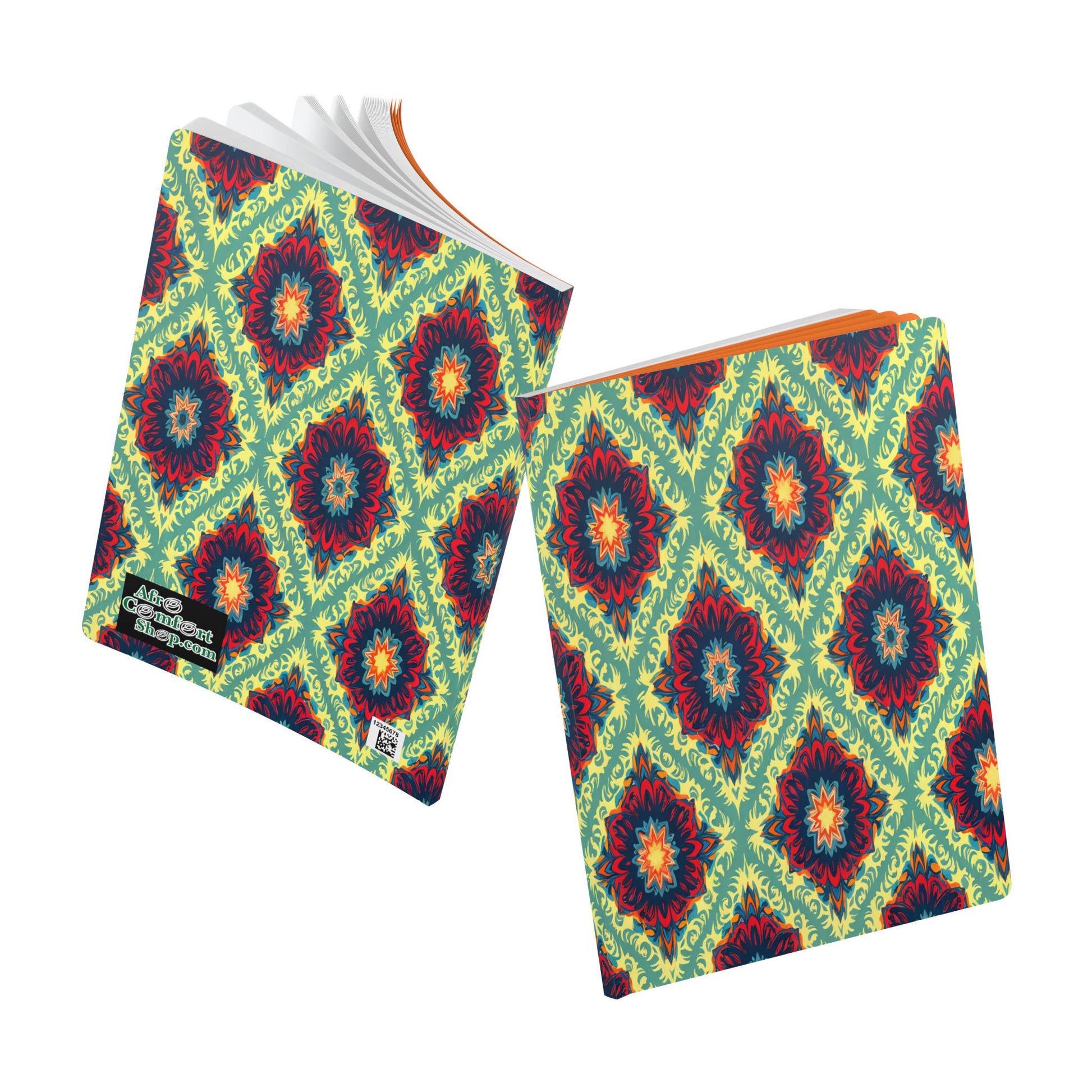 Two notebooks with colorful, symmetrical, kaleidoscopic patterns in red, blue, and yellow-green tones evoke an African-inspired journal style. One is closed and the other open with pages fanned out, perfect for creative journaling against a white background.