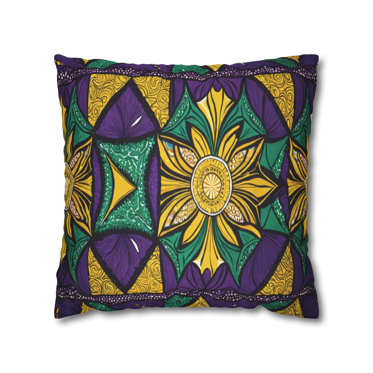 A rectangular pillow with vibrant, African-inspired patterns in yellow, green, and purple. The central design features a large symmetrical flower with radiating petals, surrounded by intricate shapes, swirls, and contrasting colors.