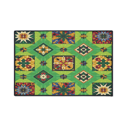 A rectangular quilt features a vibrant patchwork of geometric and floral patterns in red, green, yellow, blue, and orange, blending African-inspired aesthetics. Diamond and star shapes are arranged symmetrically on a bright green background.