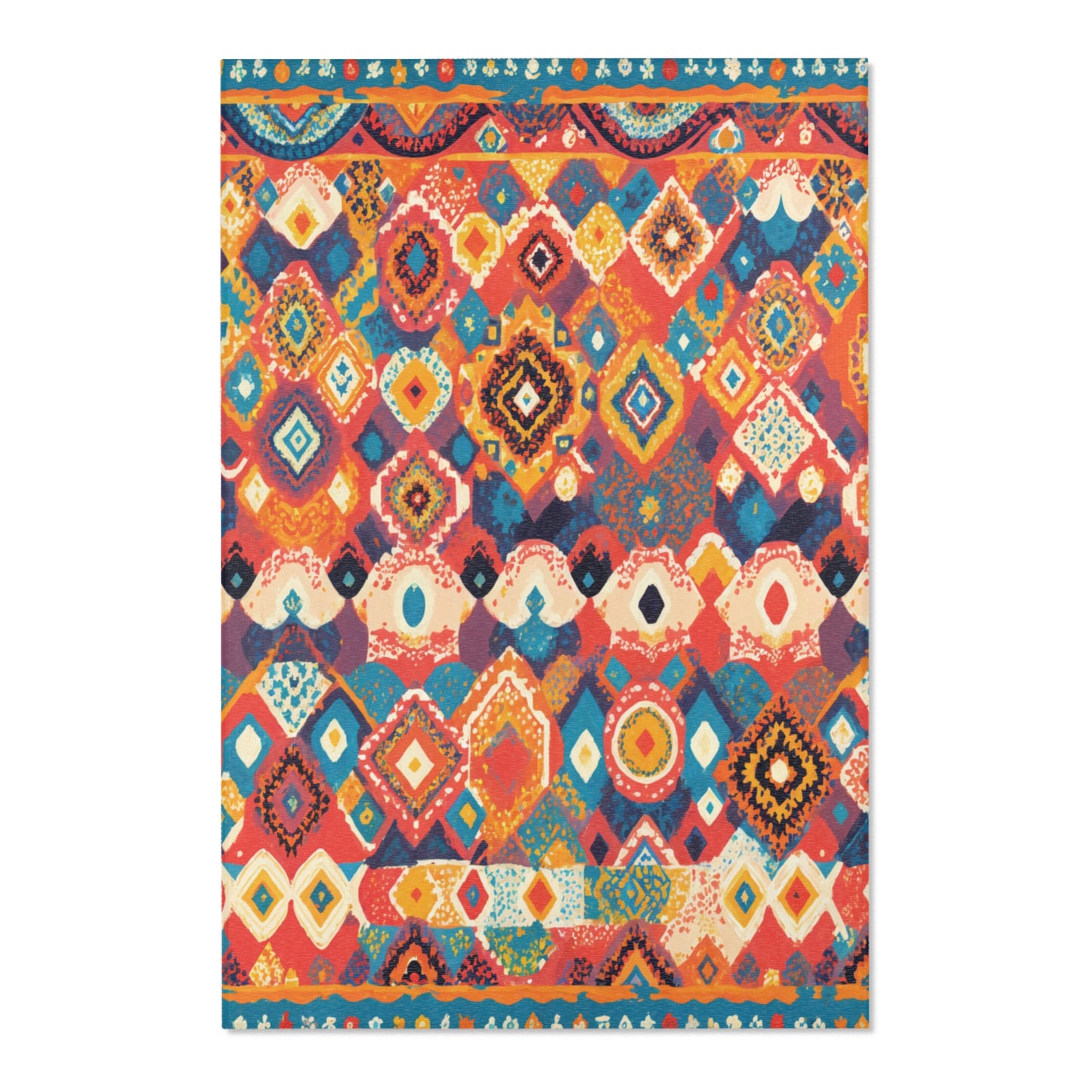 A rectangular rug with a vibrant geometric pattern inspired by African design rugs in bold red, orange, yellow, blue, and teal. Made from durable polyester, it adds stylish home decor with its lively diamonds, dots, and zigzags.