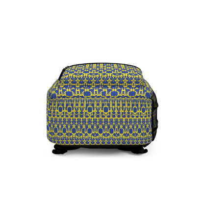 A rectangular suitcase with black wheels, featuring a bright yellow and blue geometric pattern inspired by African-inspired backpack designs. The repeating interconnected shapes cover all sides. The suitcase is viewed from the front, set against a white background.