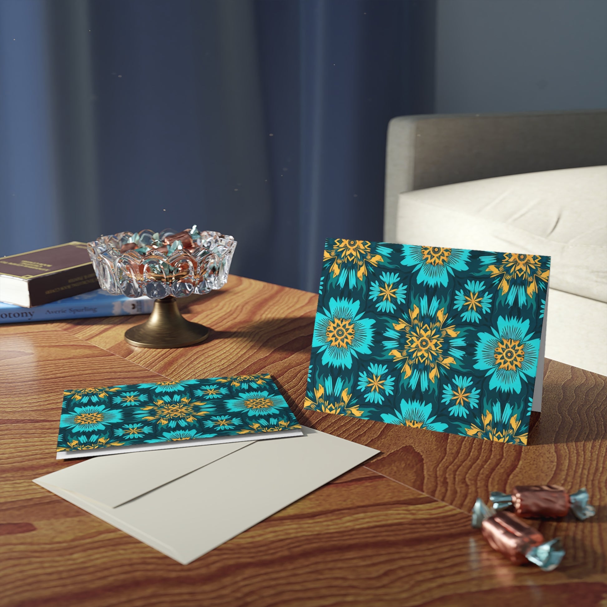 A wooden table holds two African-inspired greeting cards with vibrant teal and yellow floral patterns, premium stationery envelopes, an ornate glass bowl of wrapped candies, loose sweets, and stacked books beside a beige sofa and blue curtain.