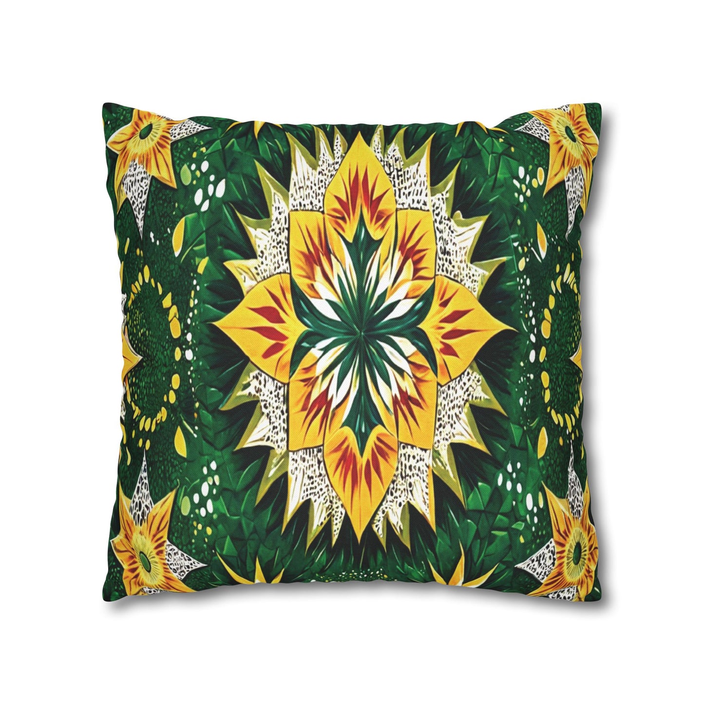 A rectangular pillow with a vibrant kaleidoscopic design and African-inspired patterns featuring yellow, green, and white starburst motifs. The central flower is framed by leafy details and smaller yellow floral shapes on a crisp white background.