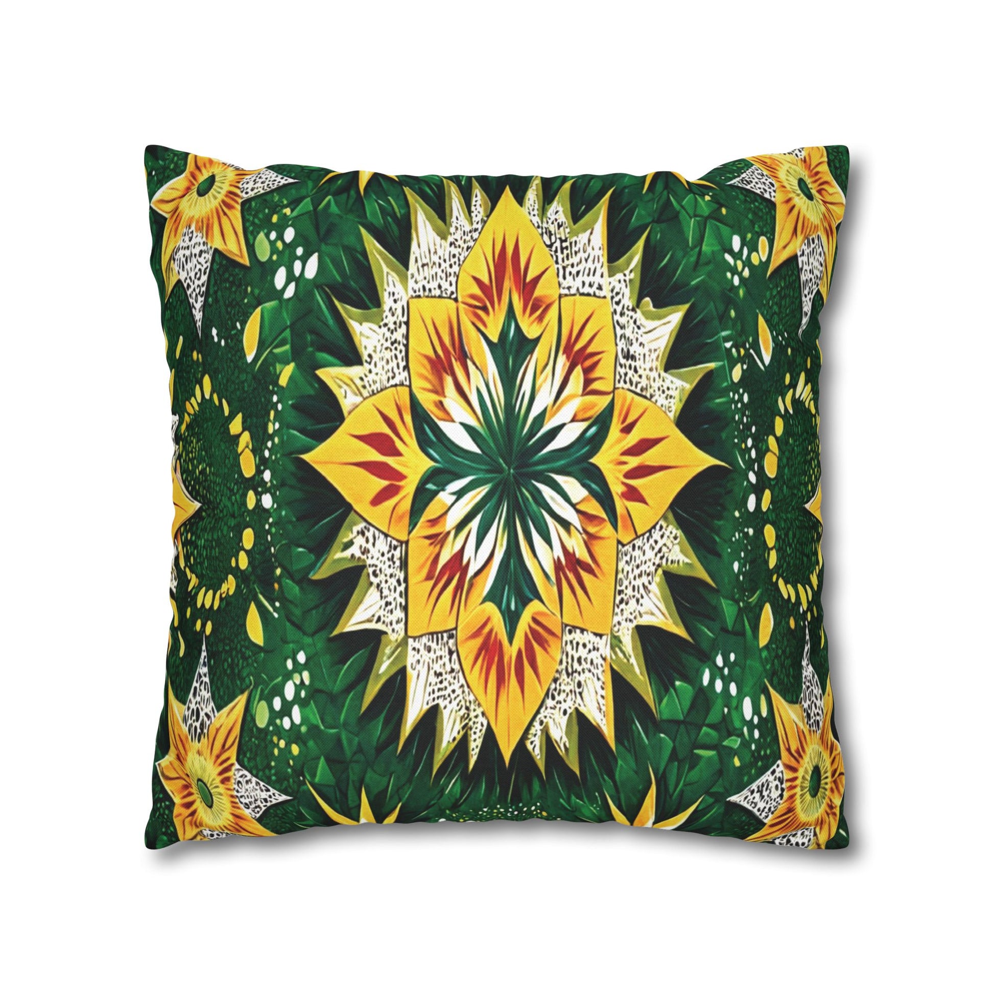 A rectangular pillow with a vibrant kaleidoscopic design and African-inspired patterns featuring yellow, green, and white starburst motifs. The central flower is framed by leafy details and smaller yellow floral shapes on a crisp white background.