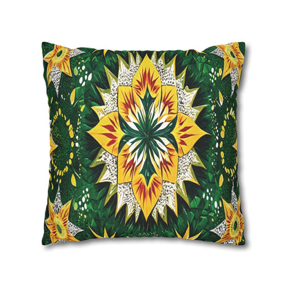 A rectangular pillow with a vibrant kaleidoscopic design and African-inspired patterns featuring yellow, green, and white starburst motifs. The central flower is framed by leafy details and smaller yellow floral shapes on a crisp white background.