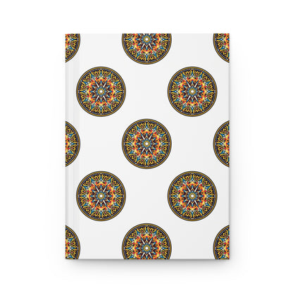 A white hardcover journal featuring a repeating pattern of colorful, African-inspired mandalas. Intricate geometric designs in yellow, orange, blue, and black decorate the cover. Includes lined pages for organized note-taking.