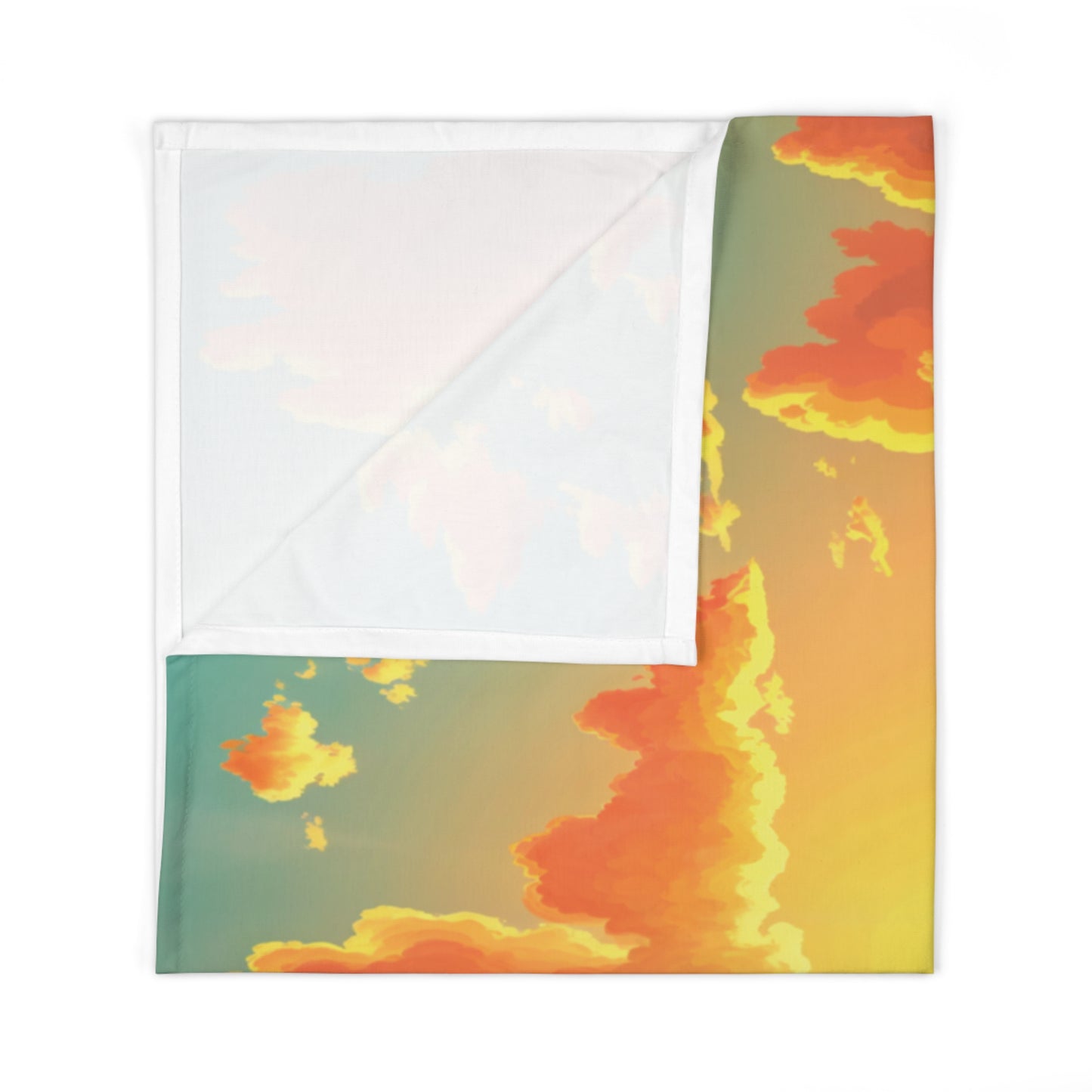 A baby swaddle blanket with a vibrant design showing orange and yellow clouds against a teal-to-yellow gradient, evoking a sunset or sunrise. The upper left corner is folded to reveal a plain white reverse, perfect for African-inspired decor.