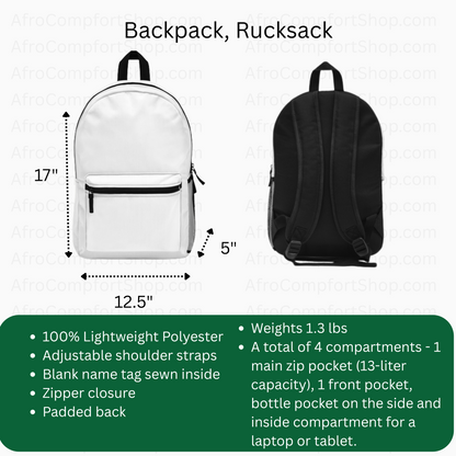 Two views of a vibrant backpack: front (white, with a front pocket and zippers) and back (black, showing adjustable padded straps). Annotations list dimensions, materials, features, compartments, and weight on a green background.