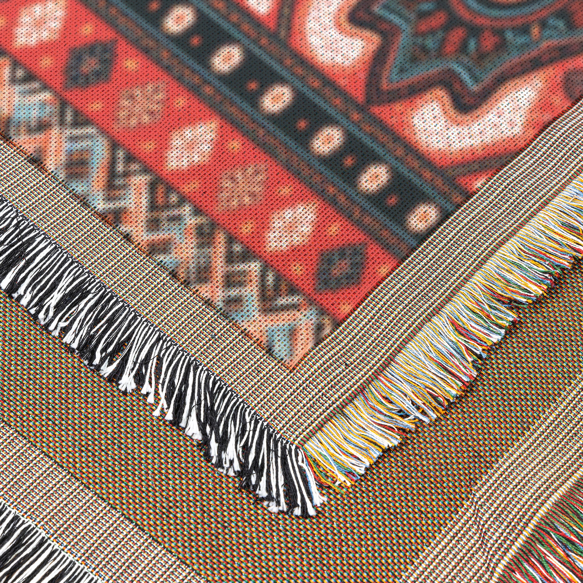 Close-up of two overlapping woven textiles with fringed edges. The top fabric features an African-inspired geometric red, black, and cream pattern; the bottom is brownish with multicolored threads. Both display decorative, multicolored fringe and clearly visible textures.