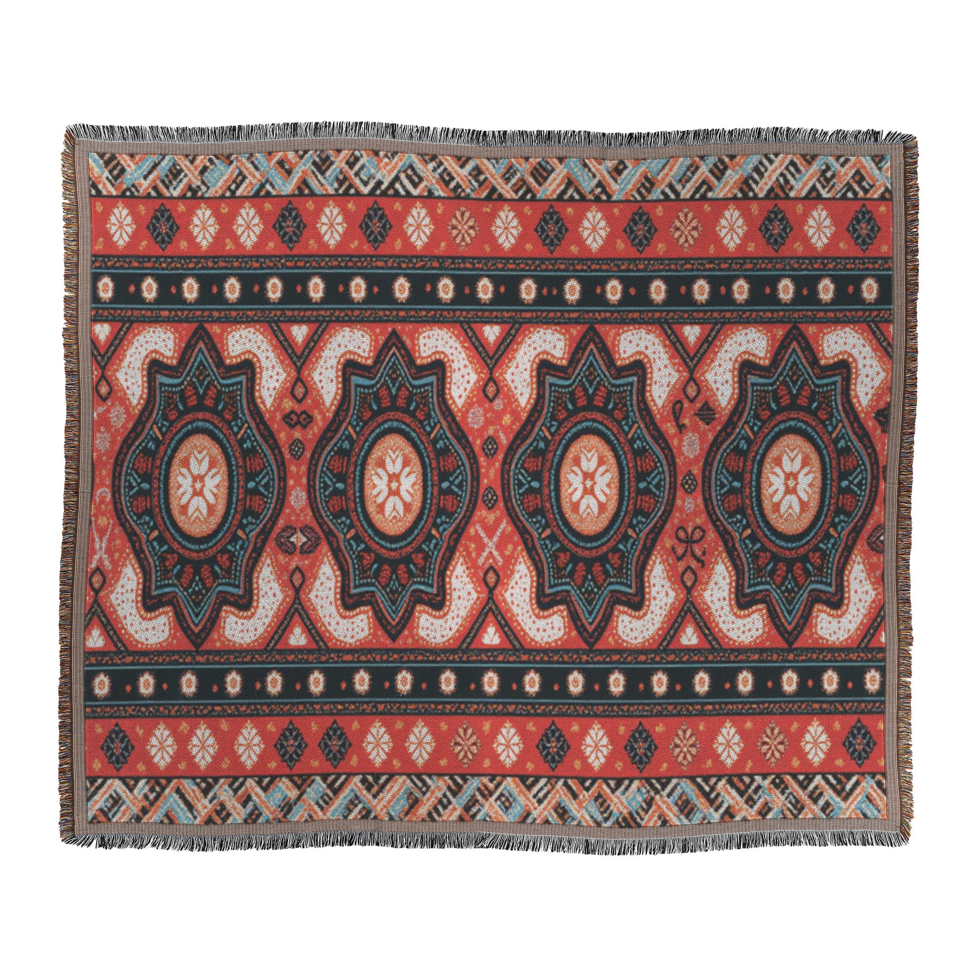 A rectangular rug features an African-inspired, symmetrical geometric pattern in red, black, teal, and cream. Three large star medallions run lengthwise, surrounded by diamonds and small motifs. Fringed edges line the shorter sides in this traditional ornate design.