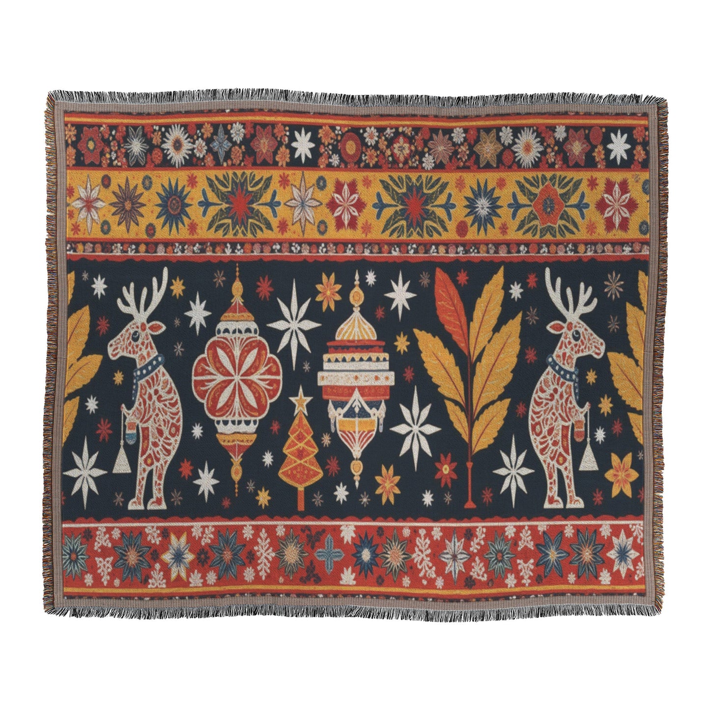 A colorful woven rug, reminiscent of a vibrant throw blanket, features two decorated reindeer, ornate ornaments, yellow leaves, and stylized flowers and stars on a dark background. The red and yellow border showcases more floral and star patterns with fringed edges.