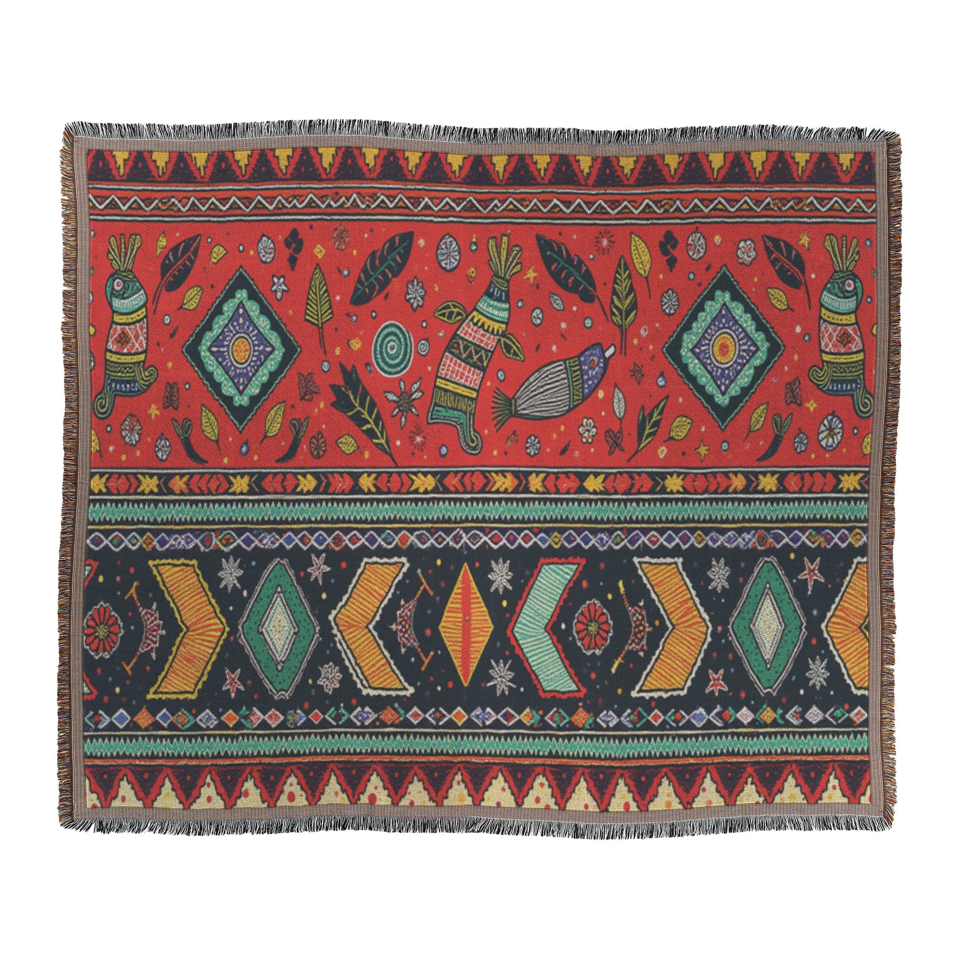 Rectangular woven rug with red and black bands of African-inspired geometric and nature-inspired patterns, including diamonds, arrows, leaves, and stylized animal figures. The colorful designs feature yellows, greens, blues, and whites on a fringed edge.