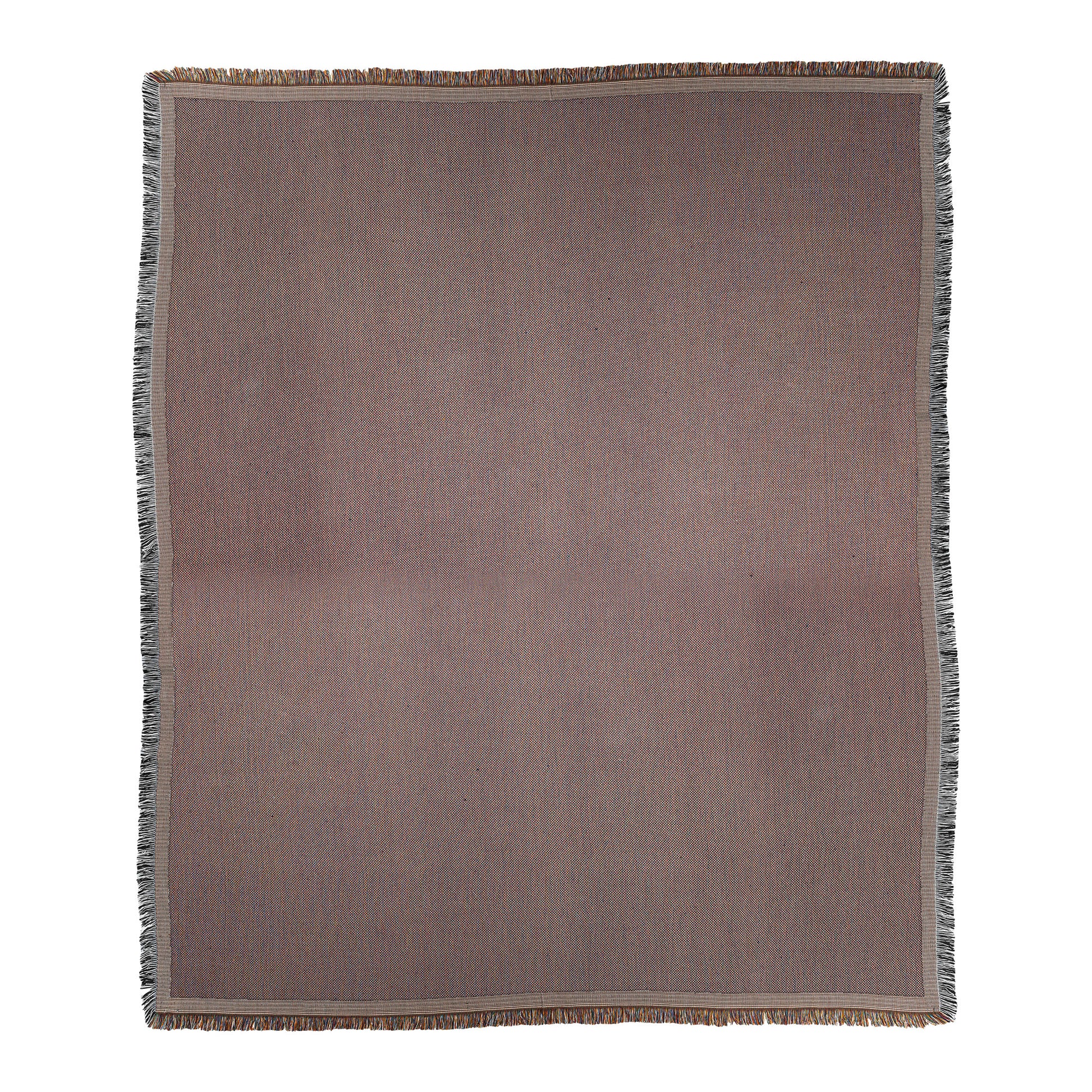 A rectangular woven blanket in a muted mauve-brown hue features a cozy weave, thin light beige-bordered edges, and short, multicolored fringe on all sides. The background is plain white.