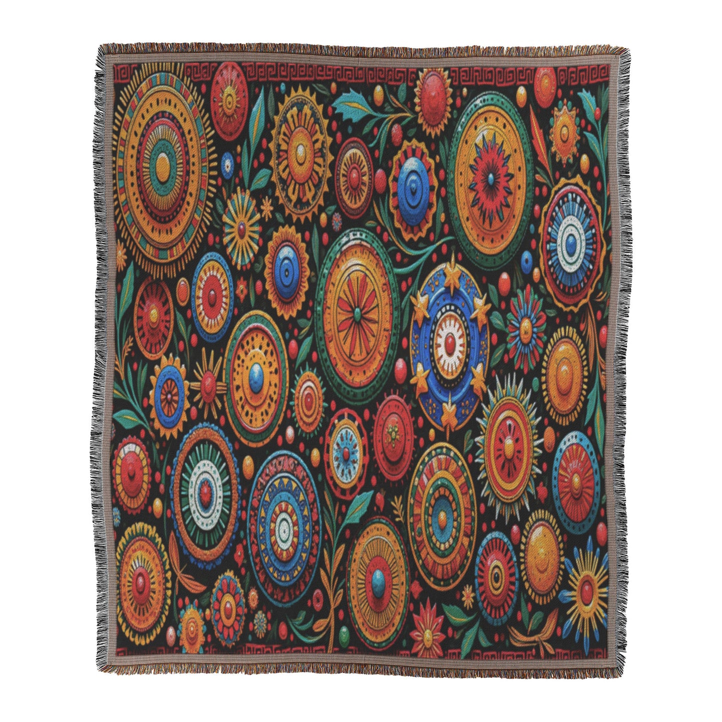 A woven blanket featuring a vibrant pattern of multicolored, circular floral designs in red, yellow, orange, green, and blue on a black background with leafy accents and a subtle patterned border. The cozy weave is finished with fringed edges.