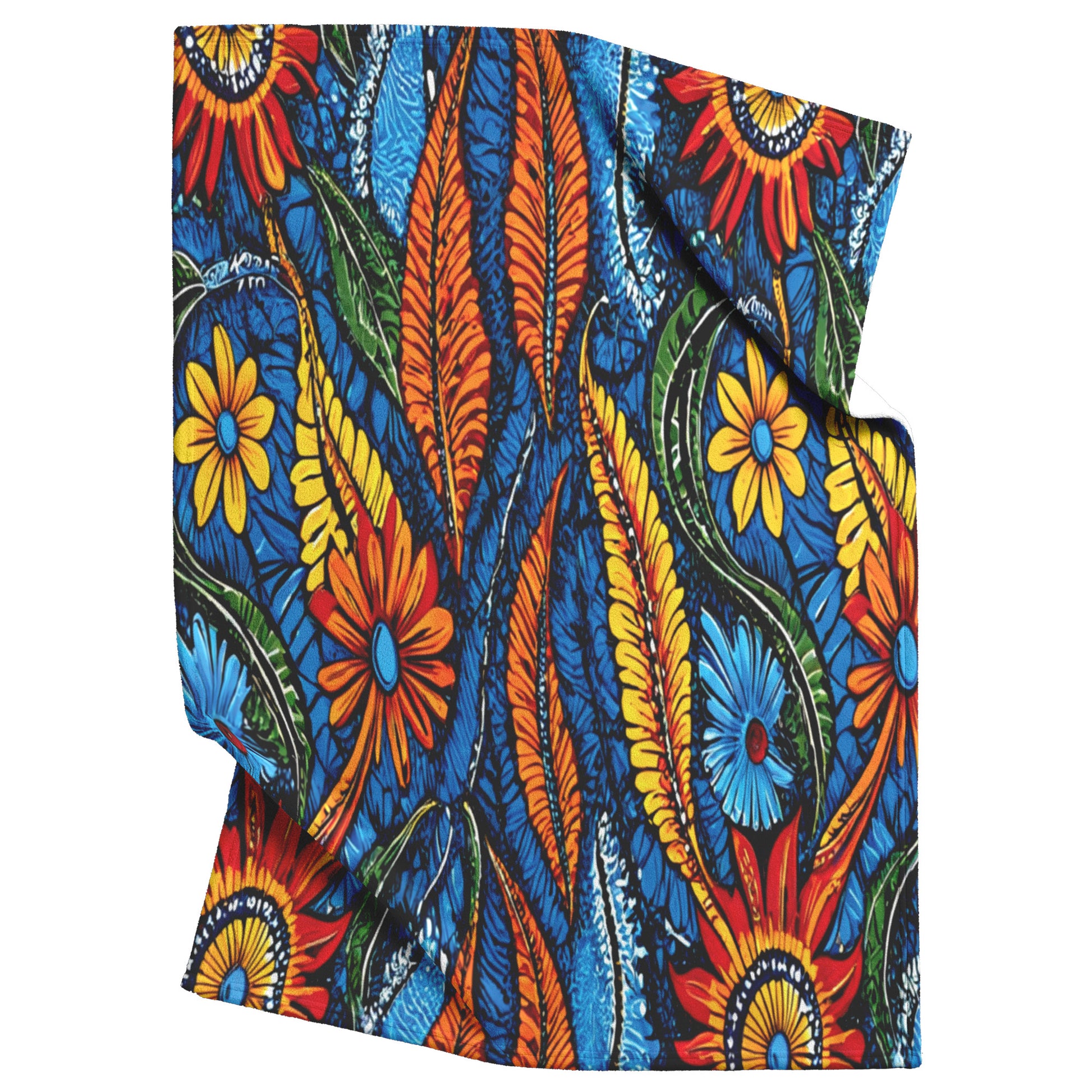A folded cloth with a vibrant, African-inspired pattern of orange, yellow, and red flowers, green and orange leaves, and blue swirls on a bold blue background. The design is colorful and energetic, creating a lively appearance.