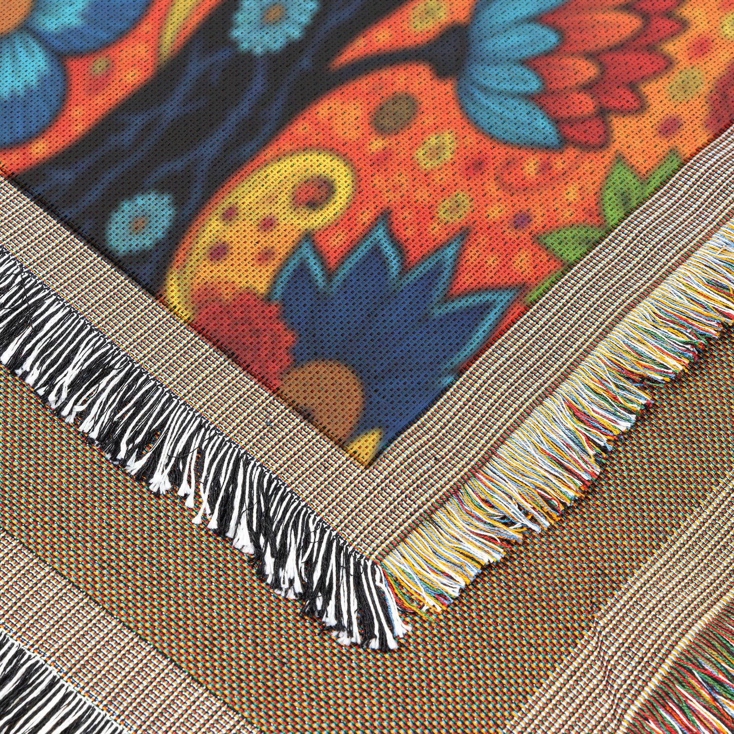 Close-up of a vibrant throw blanket with multicolored fringes. The woven textile features a lively floral and abstract pattern in blue, orange, red, and yellow hues, bordered by neutral-toned stripes. Texture and weave detail are clearly visible.