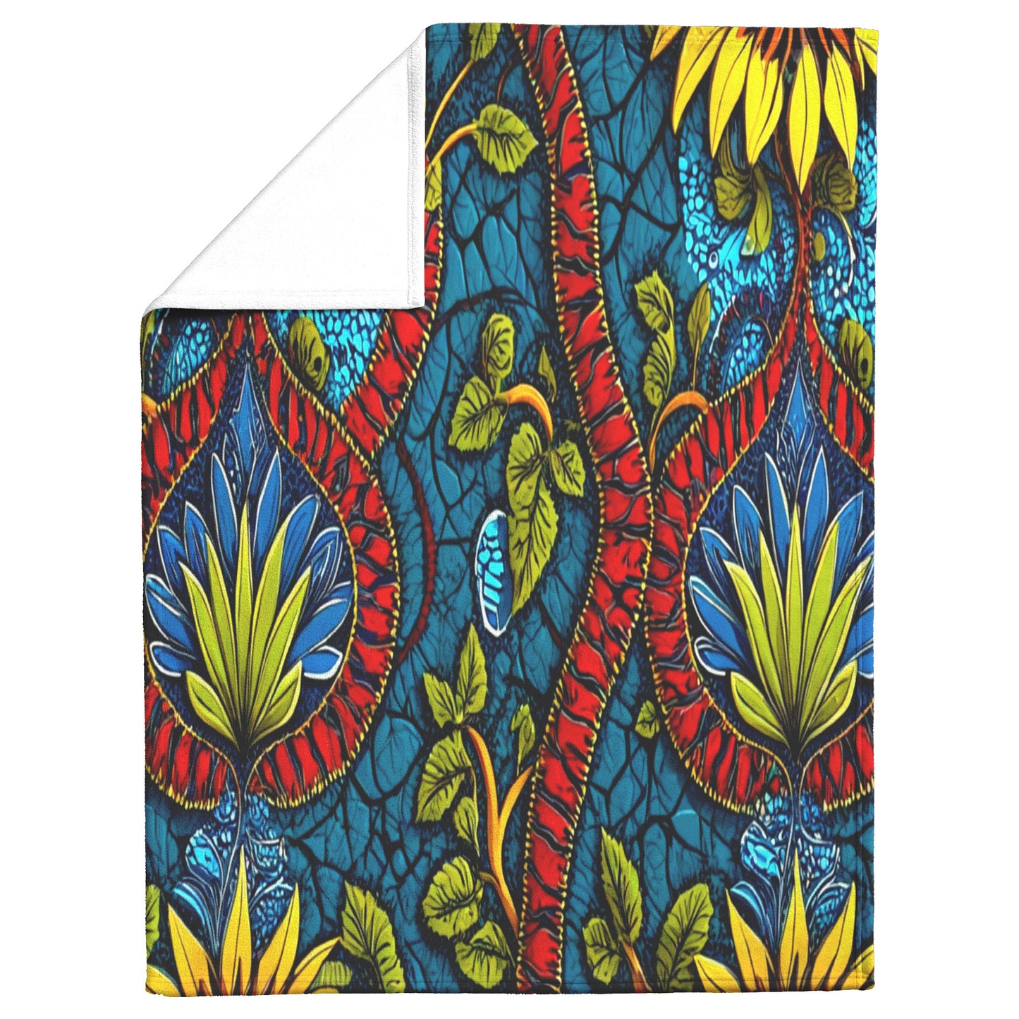 A cozy blanket with a vibrant, bold pattern featuring large yellow, green, and red stylized flowers, leafy vines, and twisting red stems on a rich blue background with cracked texture. This African-inspired fleece blanket has a plain white underside.