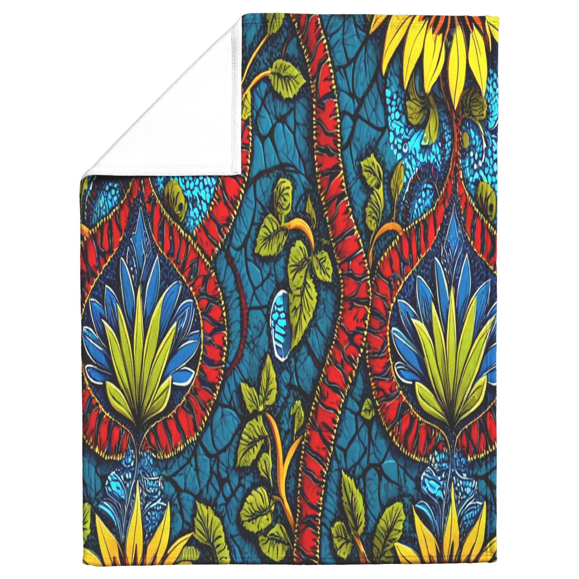 A cozy blanket with a vibrant, bold pattern featuring large yellow, green, and red stylized flowers, leafy vines, and twisting red stems on a rich blue background with cracked texture. This African-inspired fleece blanket has a plain white underside.