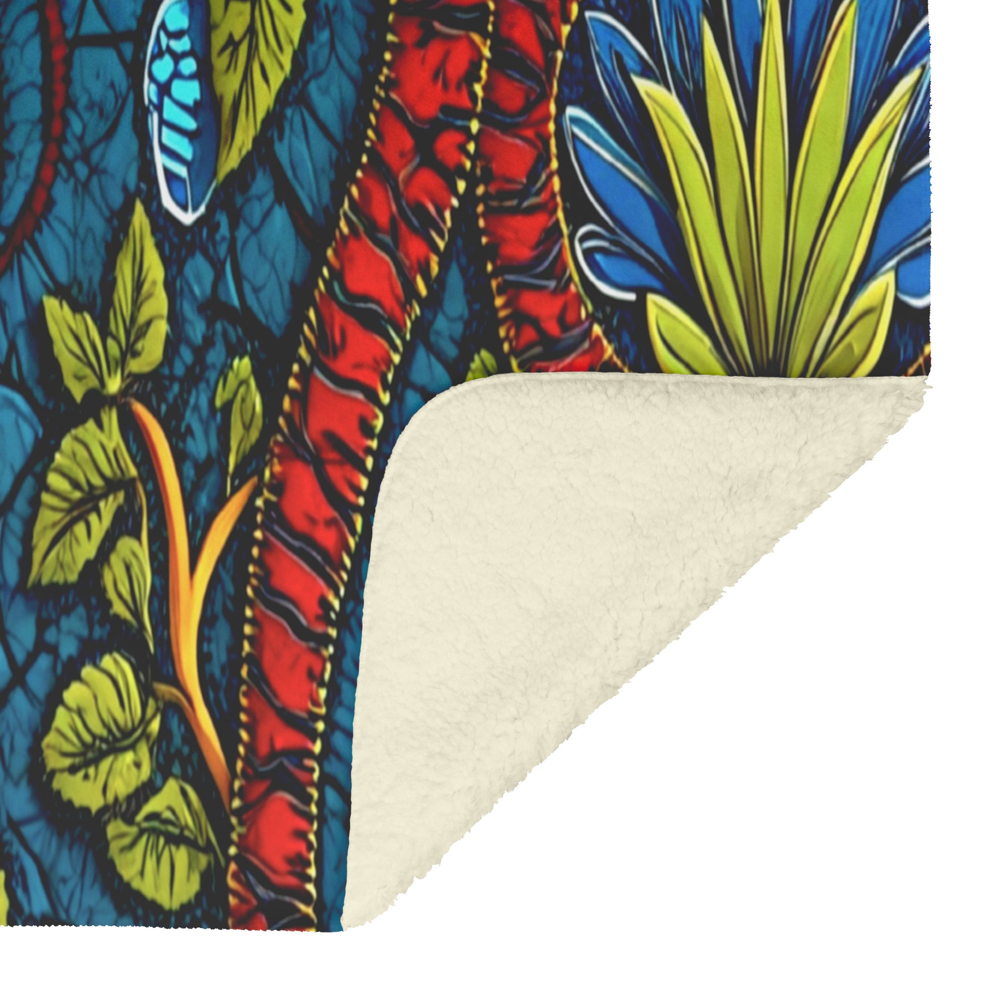 A vibrant, colorful fabric with bold leaf and plant patterns in blue, green, yellow, and red is shown. The fabric’s corner is curled up, revealing a soft, cream-colored sherpa fleece underside.