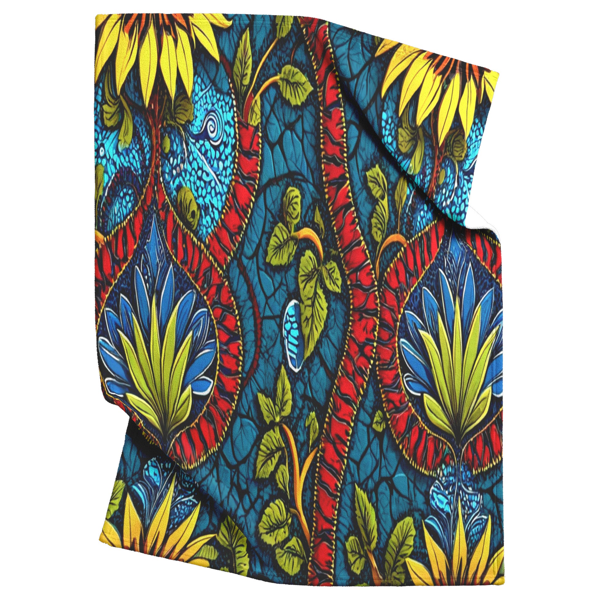 A brightly colored African wax print fabric featuring large yellow sunflowers, blue and green leaves, and bold red vines inspires these African-inspired fleece blankets—cozy sherpa fleece with vibrant, overlapping floral designs and black accents.