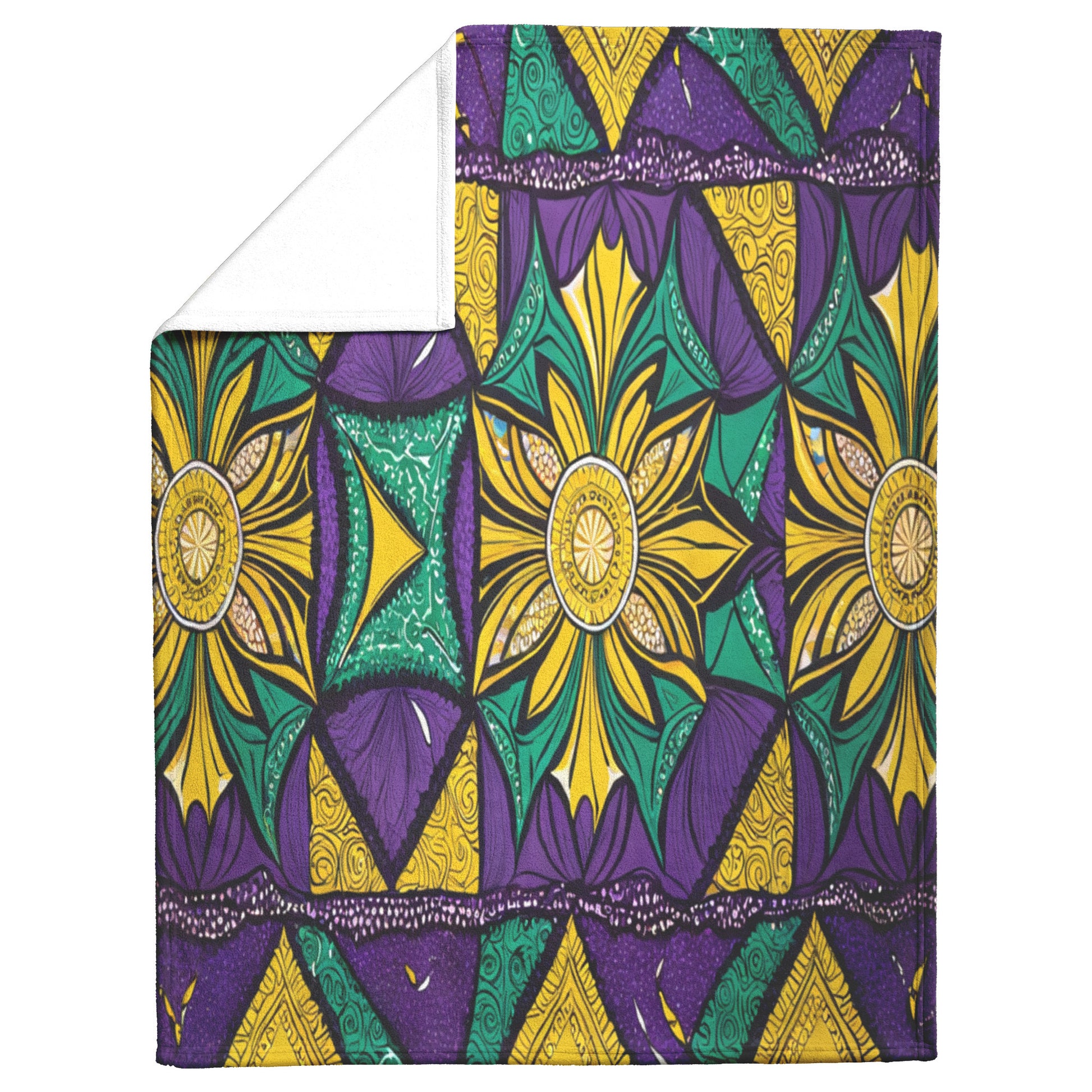 A sherpa-backed fleece blanket featuring a bold geometric pattern in yellow, green, and purple. Large starburst flower motifs, swirling lines, and repeating shapes create a vibrant look. The corner is folded to reveal the soft white underside.