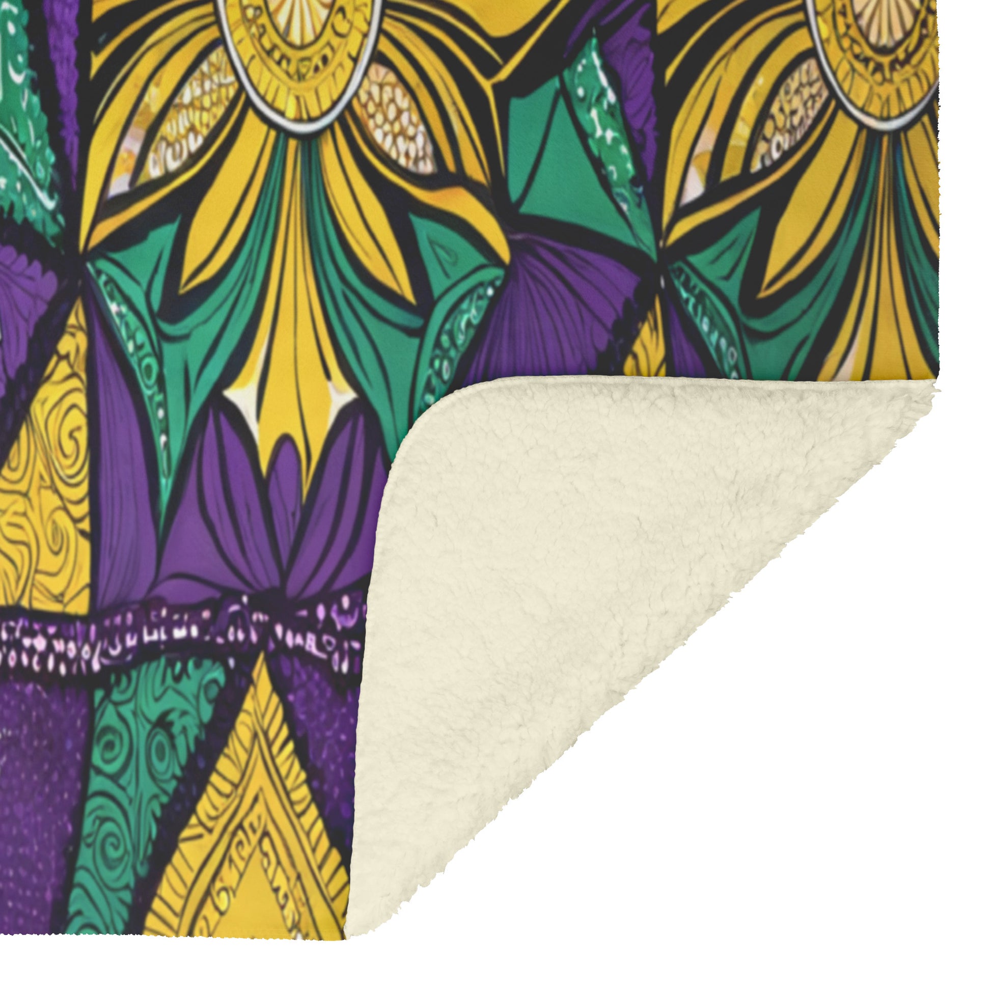 A close-up of an African-inspired fleece blanket with a vibrant pattern in yellow, green, and purple. The corner is folded over, revealing a soft, white microfiber fleece underside. The pattern is bold and highly detailed.