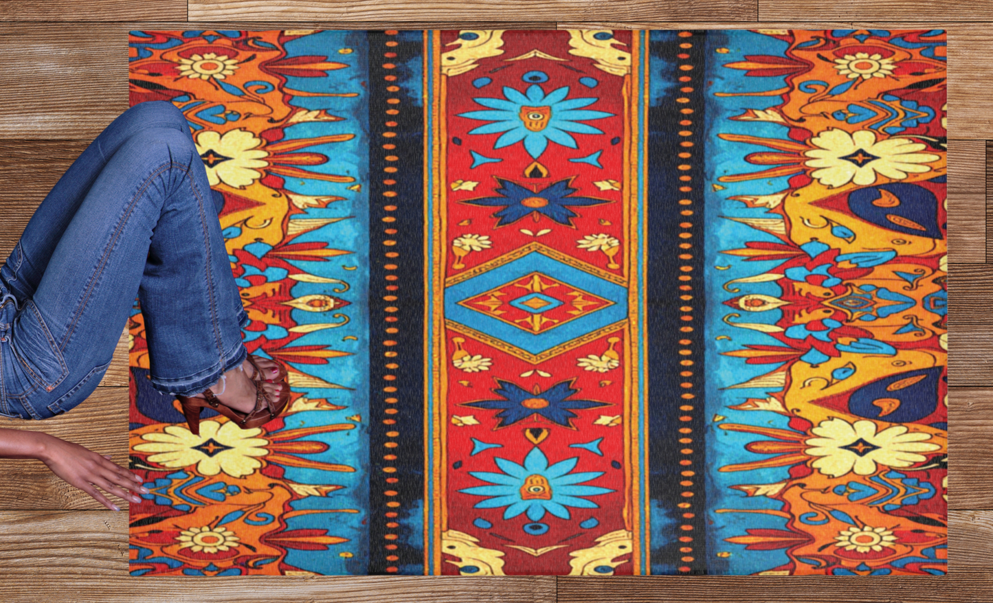 A person in blue jeans and sandals sits on a wooden floor, beside a stylish colorful rug. The rug features symmetrical patterns in red, blue, yellow, and orange, with floral and geometric designs and a central diamond motif.