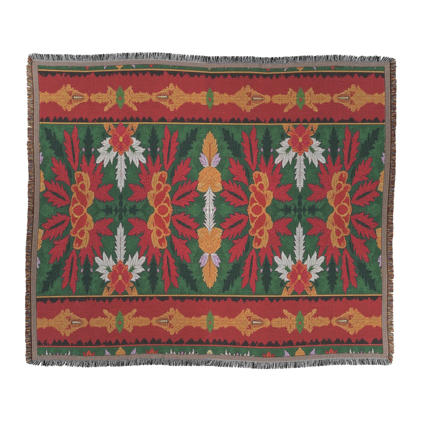 A rectangular woven rug with a fringe border, featuring African-inspired symmetrical red, yellow, green, and white floral and leaf patterns. The design is organized in horizontal bands with central motifs and repeating decorative edge elements.