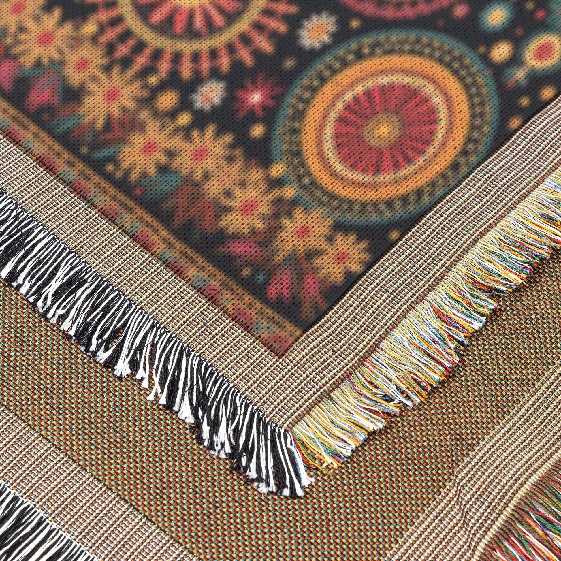 A close-up of a vibrant throw blanket with geometric, circular, and starburst patterns in red, gold, and teal on a black background. The woven blanket features fringed edges in white, black, and multicolored threads with overlapping corners shown.