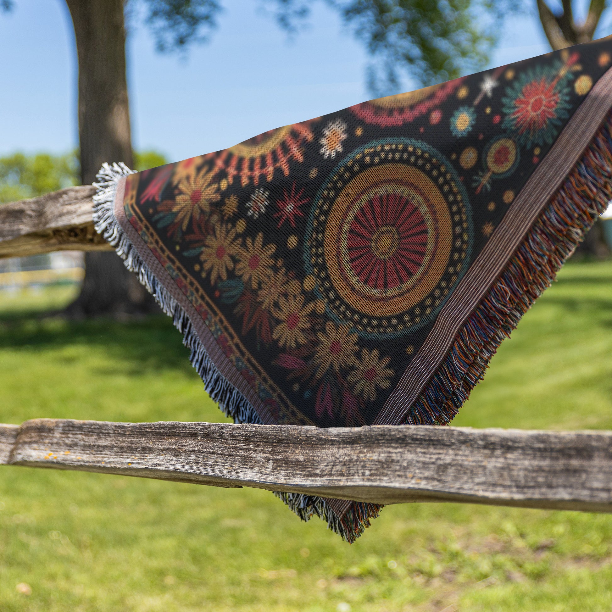A vibrant throw blanket with fringed edges and a floral, circular pattern is draped over a rustic wooden fence outdoors. Green grass, trees, and a blue sky fill the background, capturing a bright, sunny day.