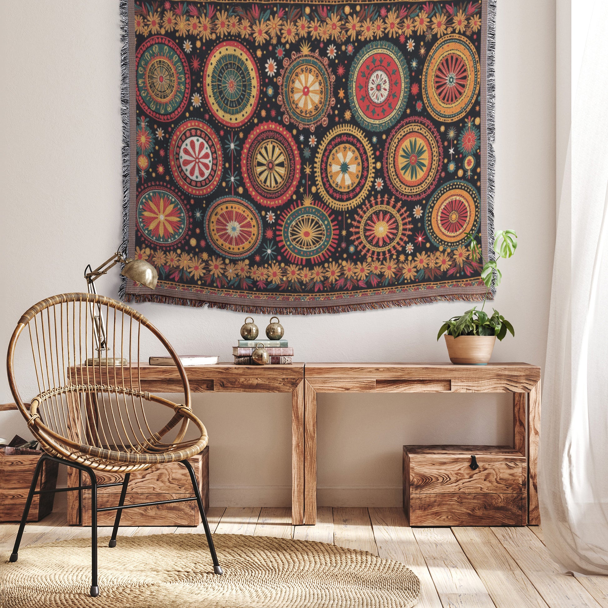 A cozy room with a woven chair, a wooden bench with plants and books, and a vibrant throw blanket complementing the colorful textile wall hanging. Light streams in from a sheer curtain, creating a warm, inviting atmosphere.
