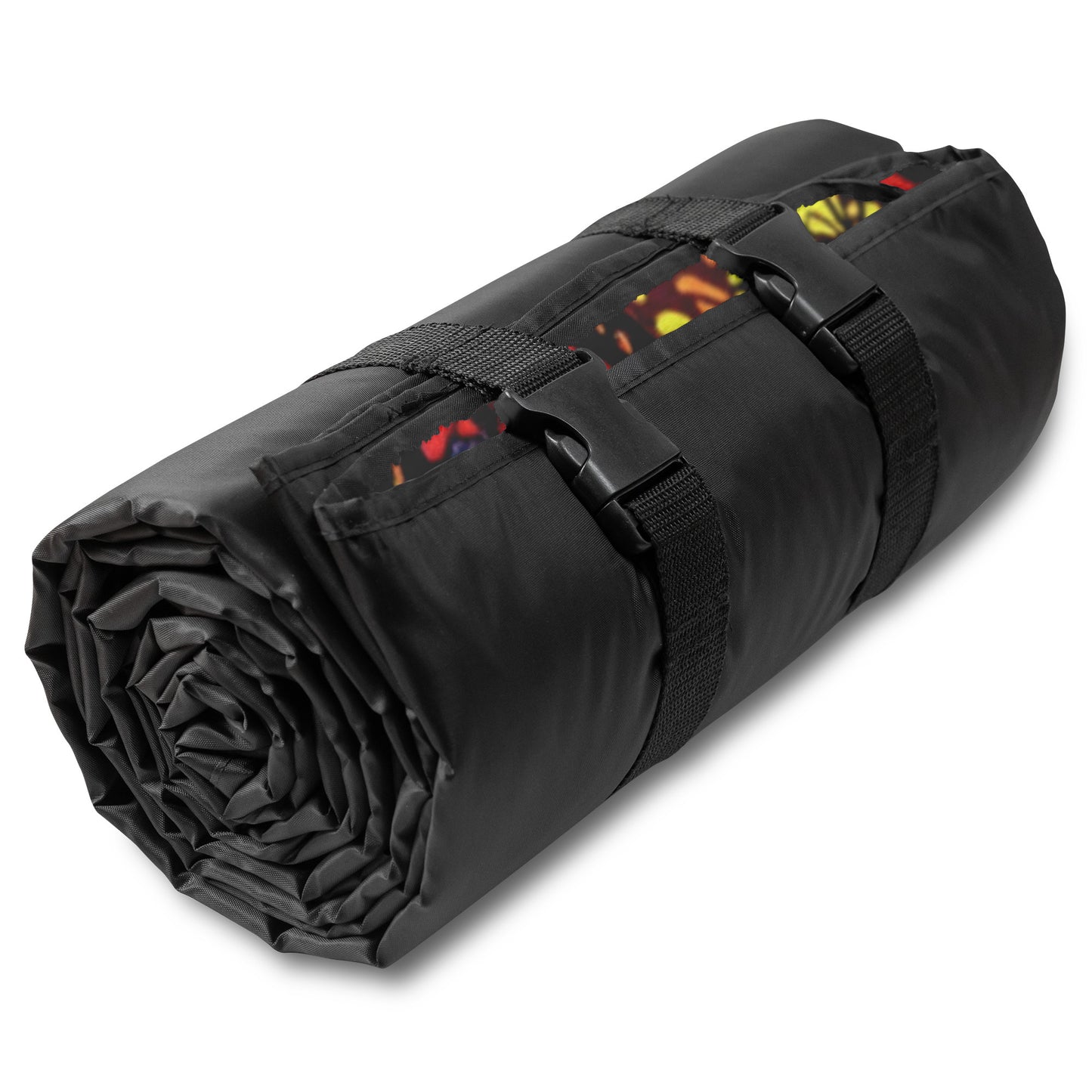 A black sleeping bag rolled up tightly, secured with two adjustable straps and plastic buckles. A hint of African-inspired patterns peeks through the opening, revealing its plush fleece top. The background is plain white.