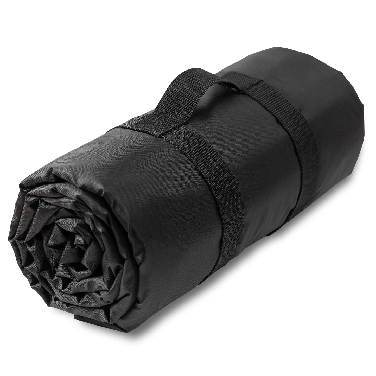 A neatly rolled-up black sleeping bag with a built-in black carrying handle. The smooth, slightly shiny material suggests a water-resistant stadium blanket, and the bag is tightly secured for portability. A plain white background highlights the sleeping bag.